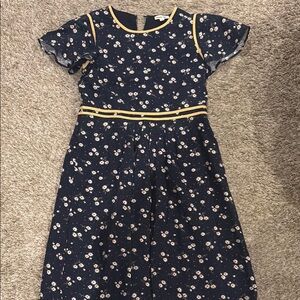 Blue and White A-Line Midi Dress with Flutter Sleeves